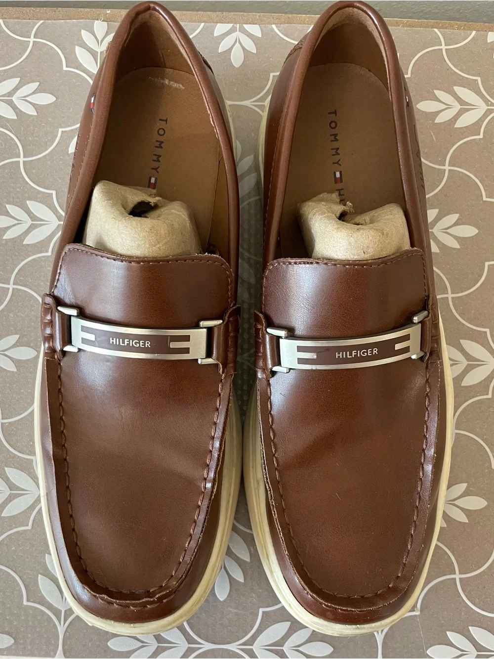 Tommy Hilfiger Men’s Brown Leather Loafers Logo Bit Slip On Shoes